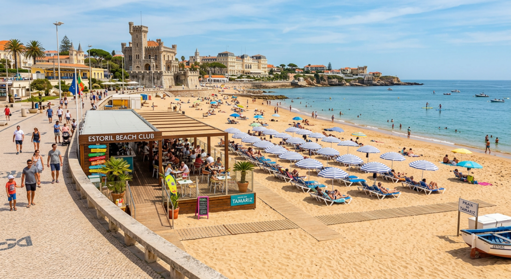Beach cafe and sunbed scene at Estoril