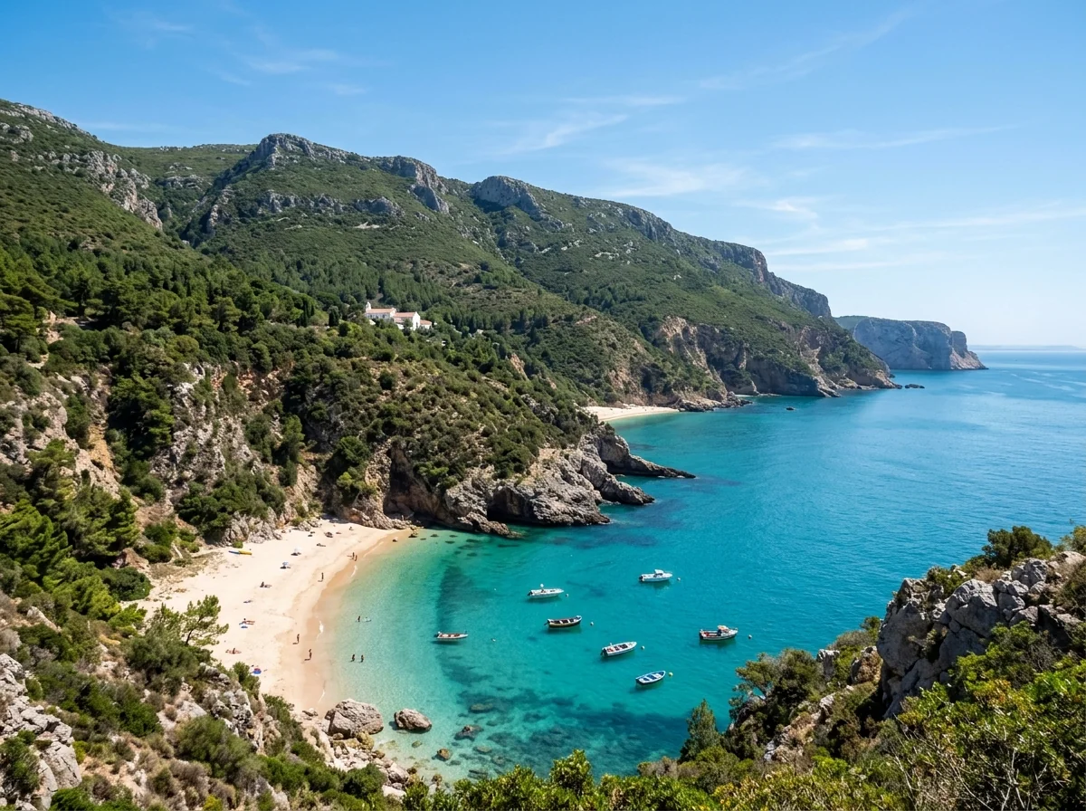 Arrabida National Park and turquoise bay near Sesimbra, a quieter day trip alternative to Sintra