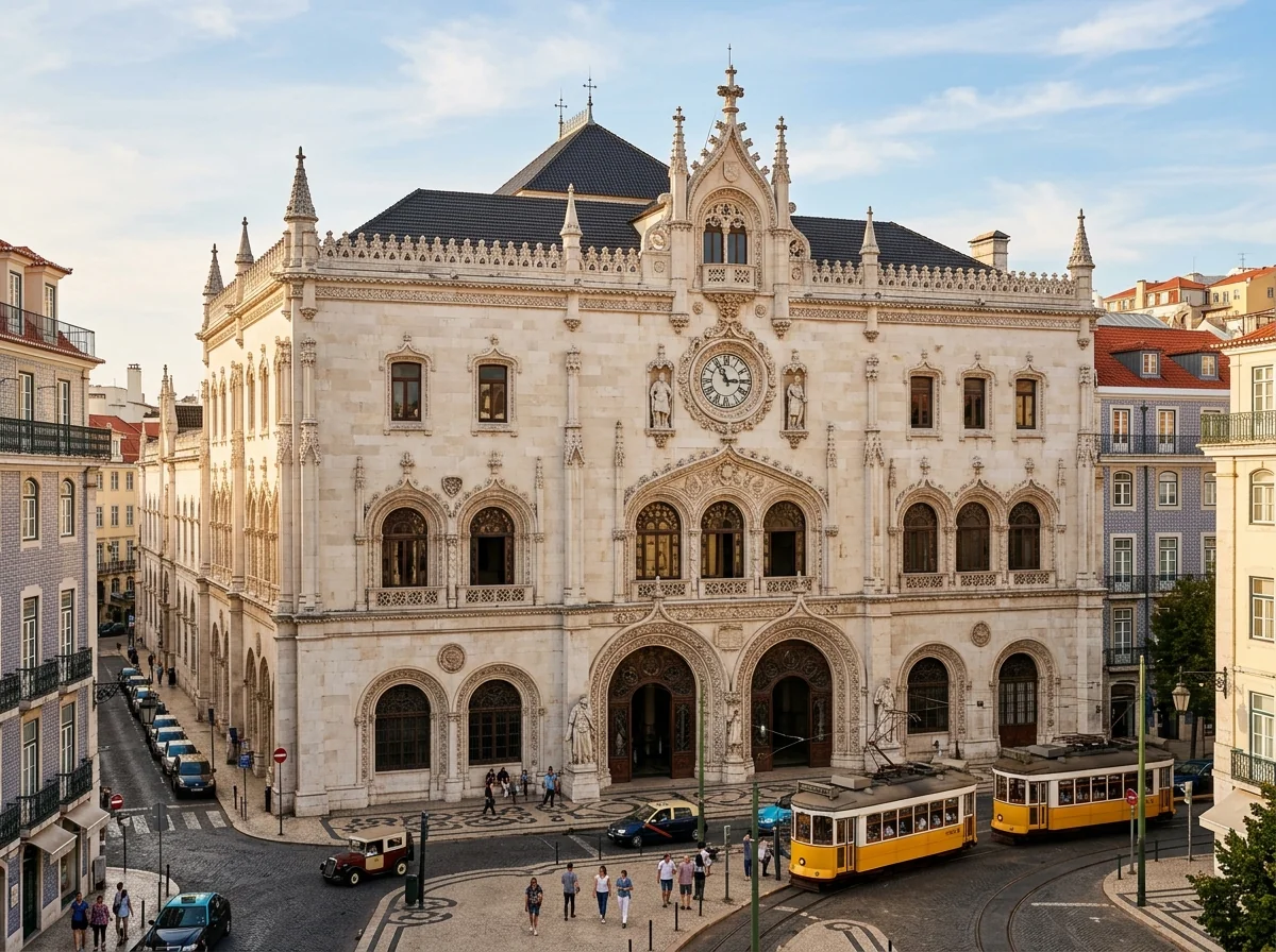 The Neo-Manueline Rossio station facade in Lisbon, gateway to the Sintra train