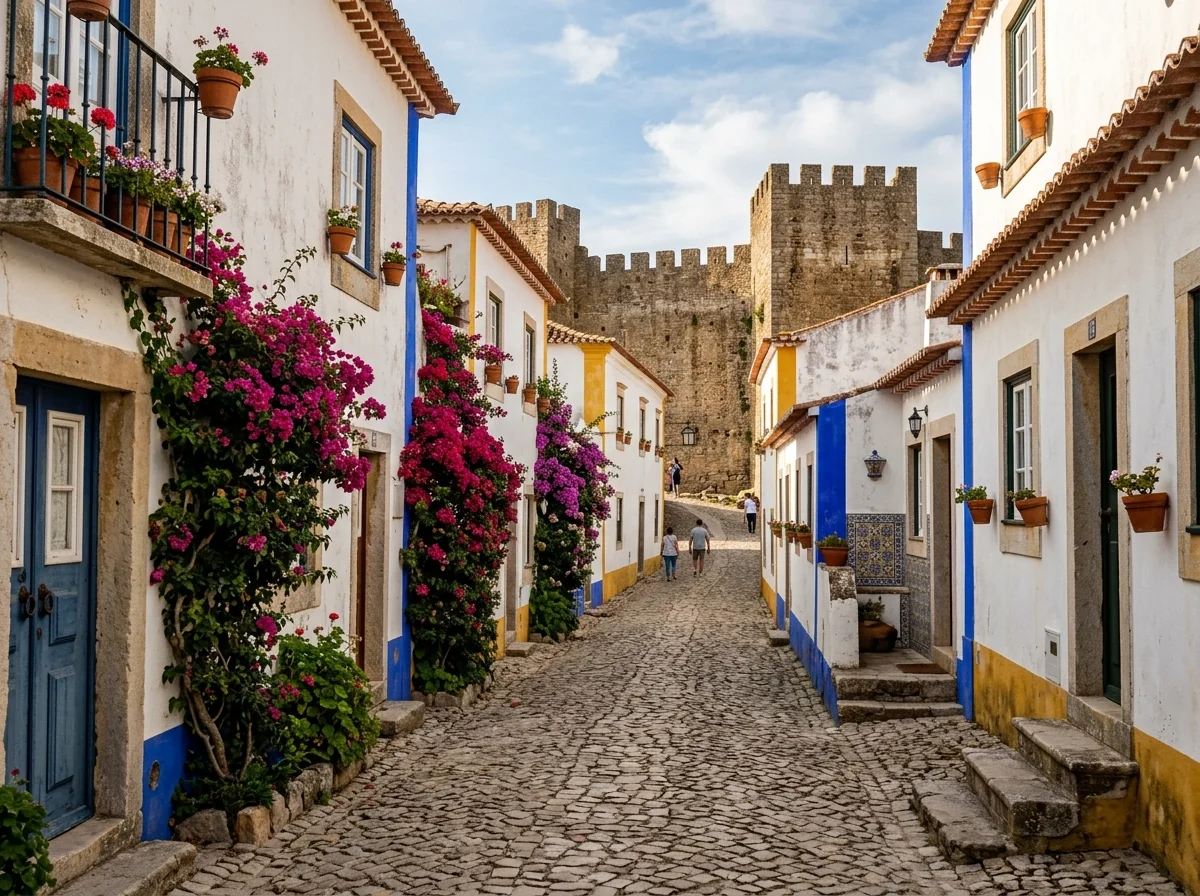 Whitewashed medieval street in Obidos, a walled-village day trip alternative to Sintra