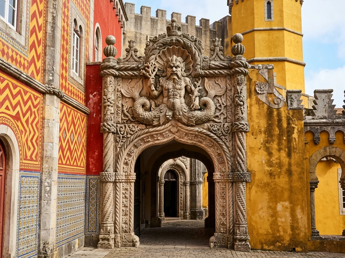 The carved Triton gateway and colourful walls of Pena Palace