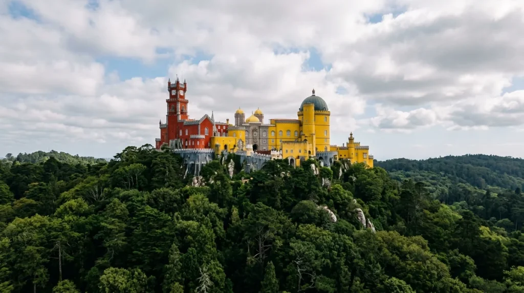 Pena Palace on its hilltop in Sintra, the red and yellow towers above the forest