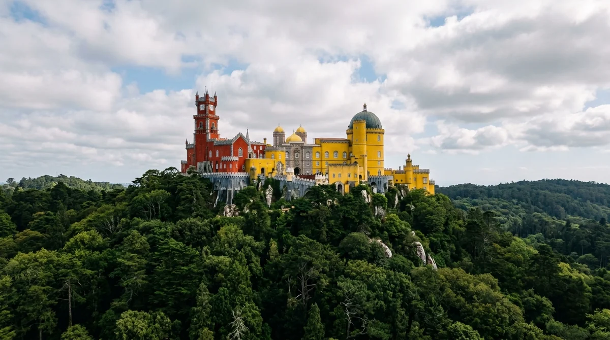 Pena Palace on its hilltop in Sintra, the red and yellow towers above the forest