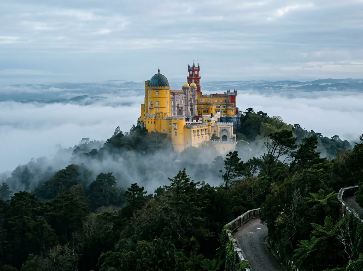 Pena Palace wrapped in morning mist, the Sintra microclimate