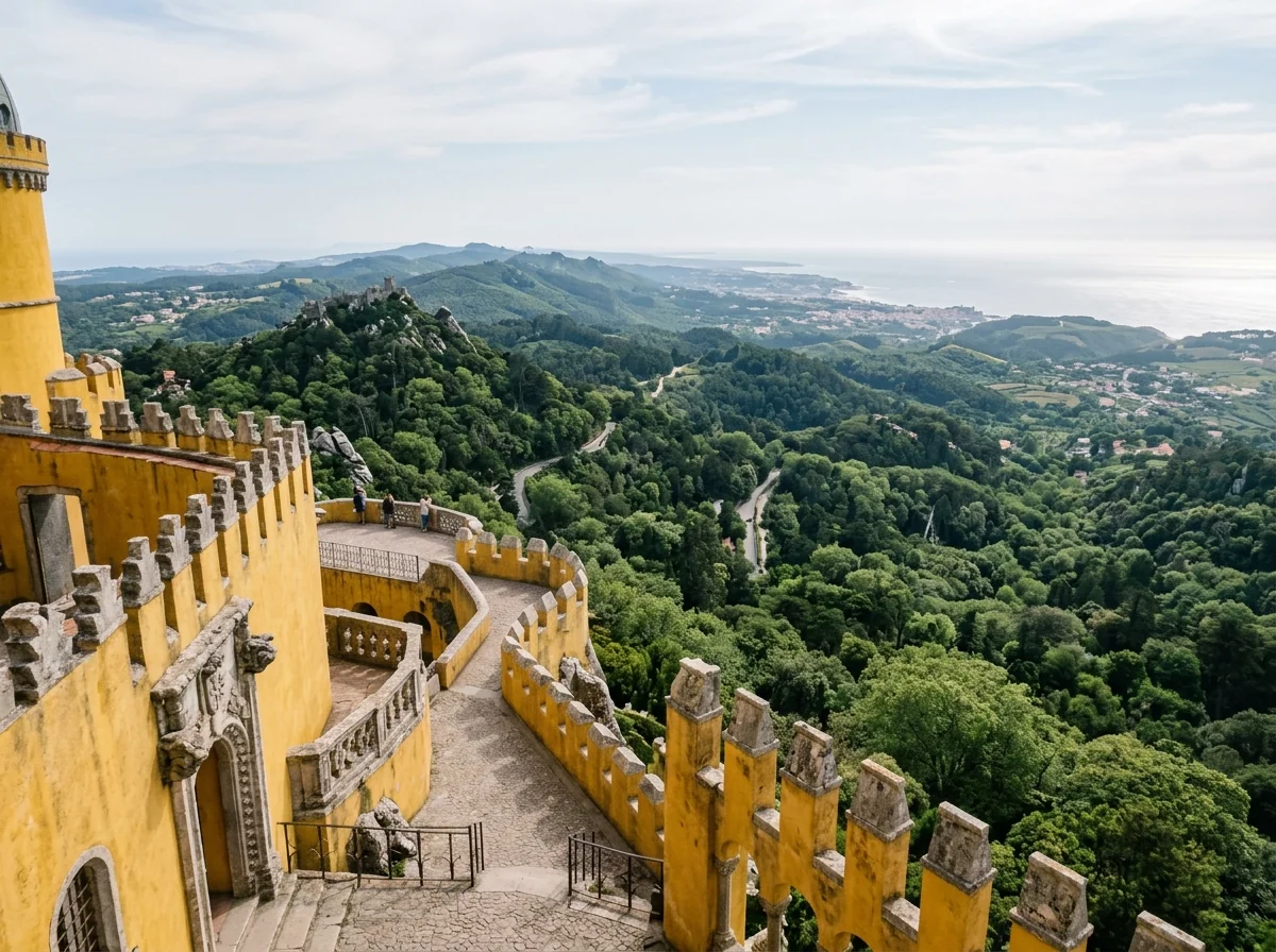 The view from a Pena Palace terrace over the Sintra hills to the coast