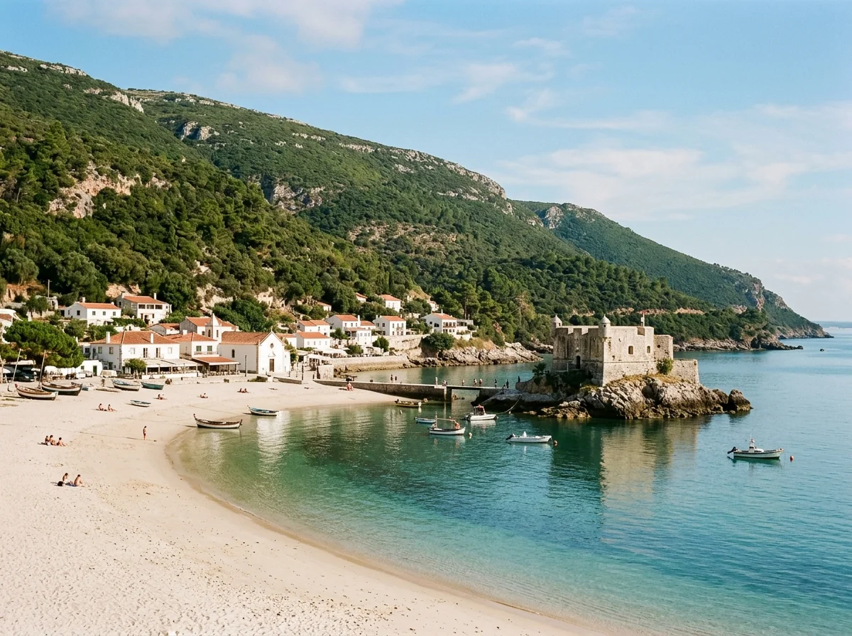 Portinho da Arrabida cove with its offshore fort, an Arrabida beach highlight