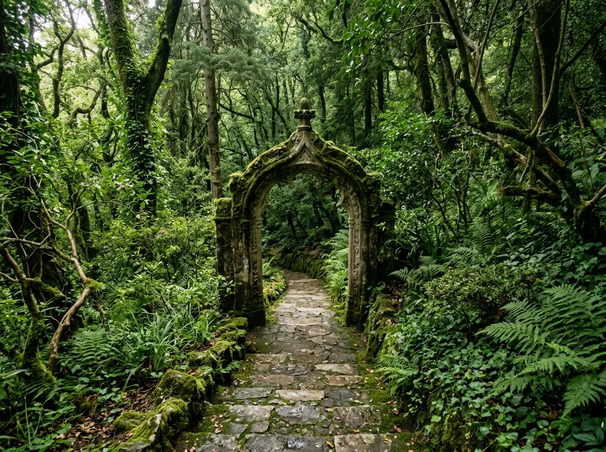 A mossy garden path and stone archway in the Quinta da Regaleira gardens