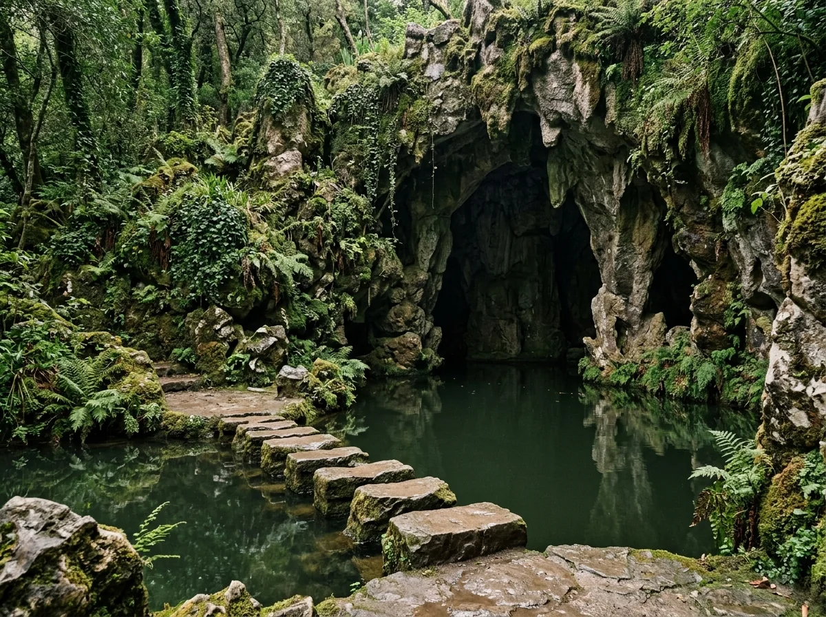 Stepping stones across the grotto lake at Quinta da Regaleira