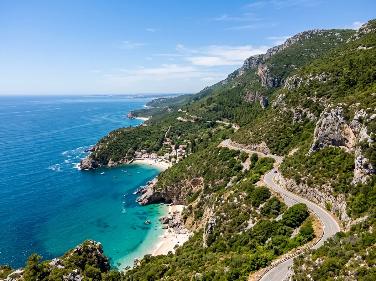 The Serra da Arrabida ridge and coast road above the beaches near Lisbon