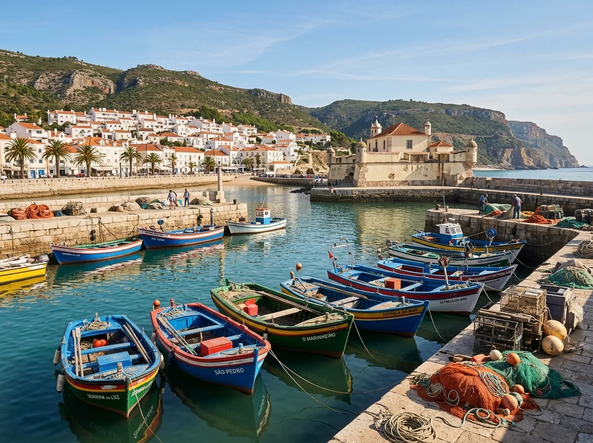 Sesimbra fishing harbour with traditional boats, a day trip from Lisbon