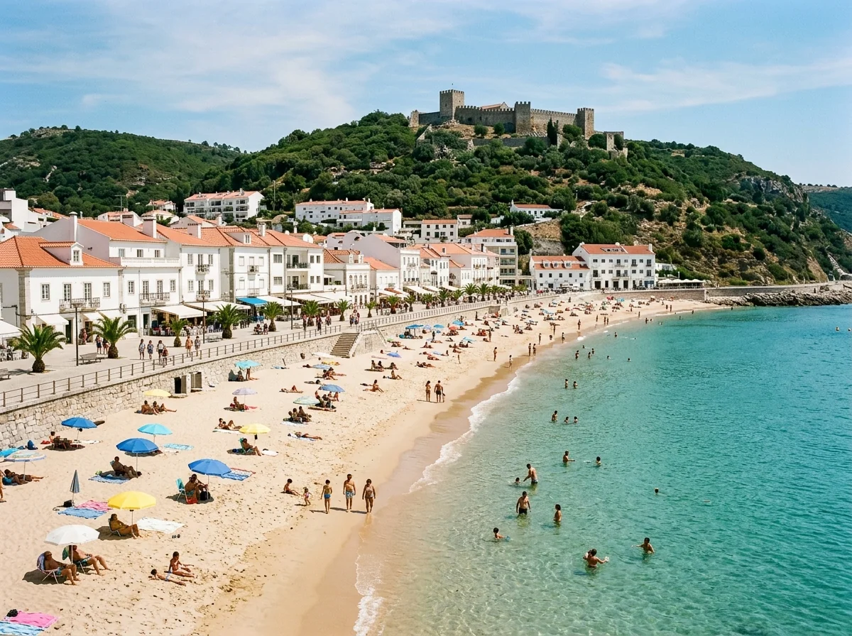 Sesimbra town beach with golden sand and calm water below the seafront