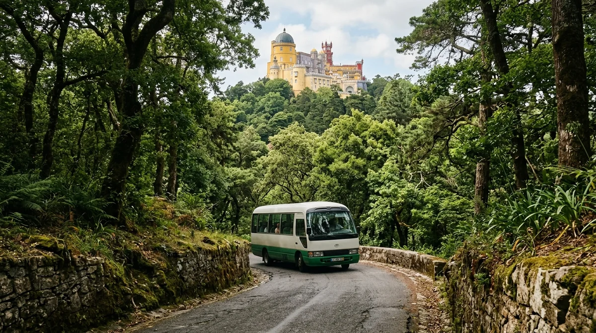 The tourist bus climbing the forested road to Pena Palace in Sintra