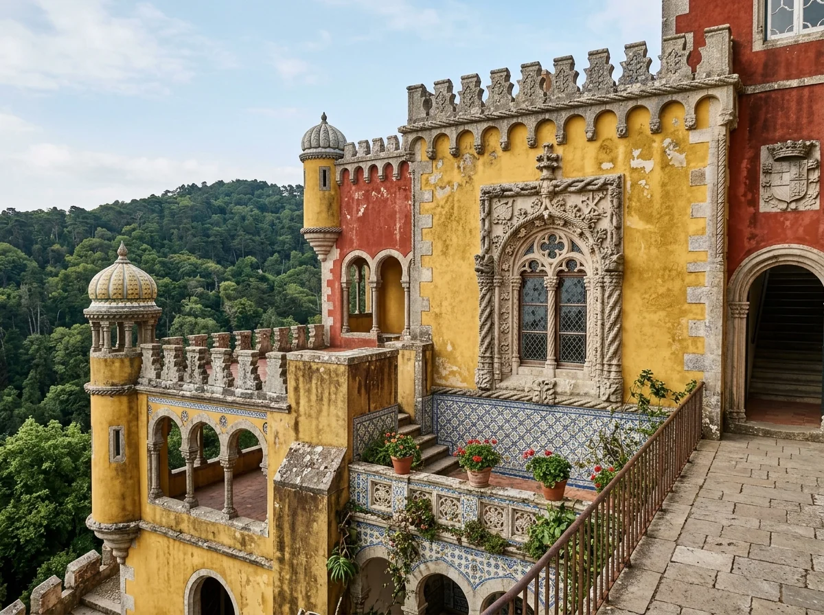 Colourful terraces of Pena Palace, a key stop when doing Sintra and Cascais in one day