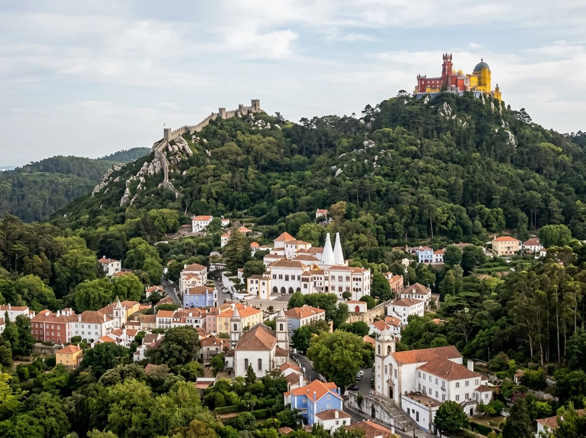 Sintra town below the palaces on the hill, where the train leaves you