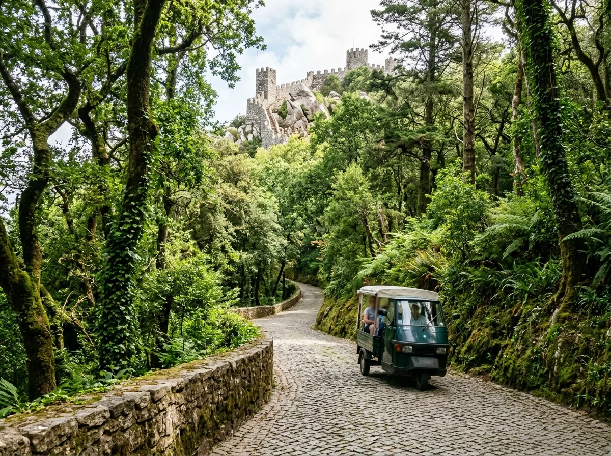 A tuk-tuk on the steep uphill road to the Sintra palaces, the second leg