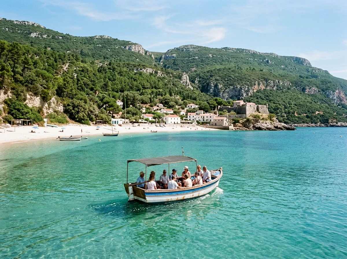 A small water taxi approaching Portinho da Arrabida cove across turquoise water