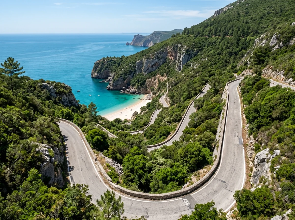 The narrow winding road descending through the Serra da Arrabida to Portinho da Arrabida