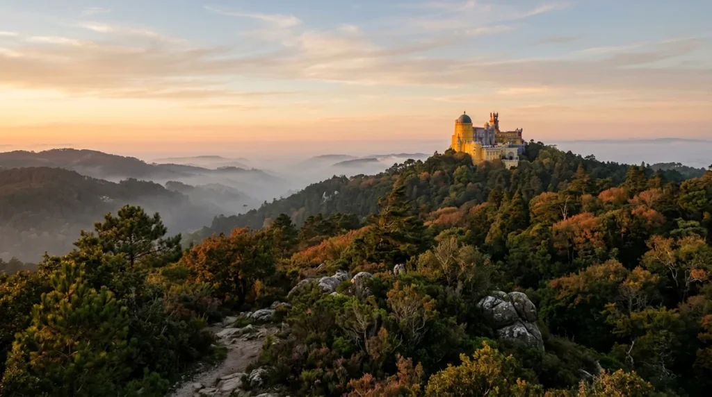 The Sintra hills and Pena Palace at golden hour, showing the best time of day to visit Sintra
