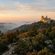The Sintra hills and Pena Palace at golden hour, showing the best time of day to visit Sintra
