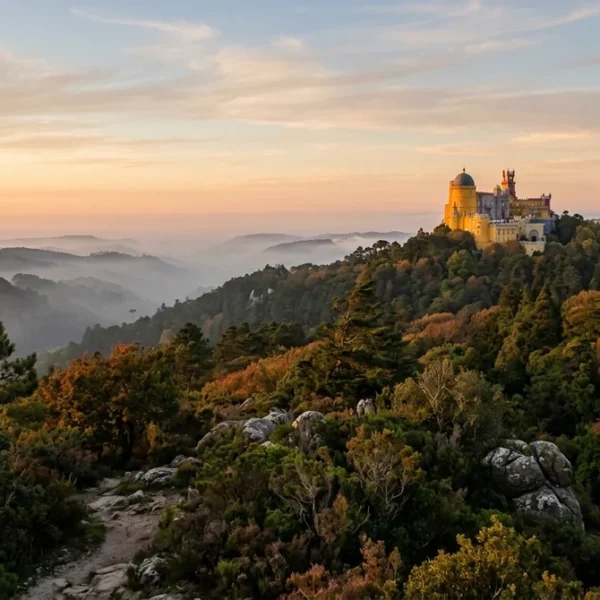 The Sintra hills and Pena Palace at golden hour, showing the best time of day to visit Sintra