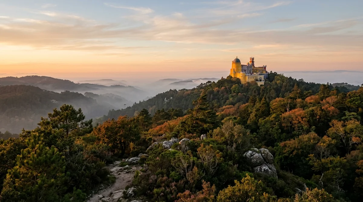 The Sintra hills and Pena Palace at golden hour, showing the best time of day to visit Sintra