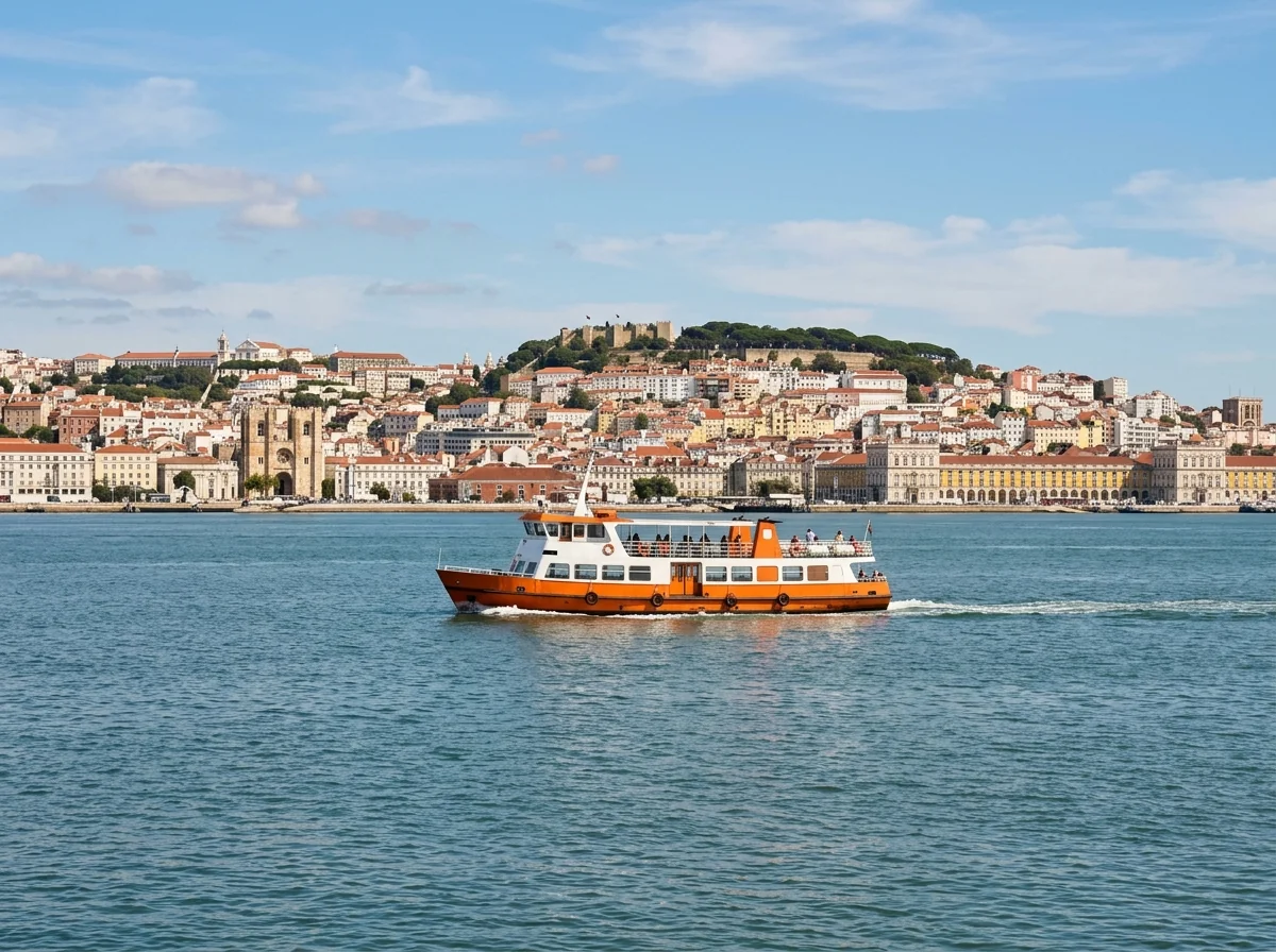 A Transtejo ferry crossing the Tagus from Cais do Sodre to Cacilhas with Lisbon behind