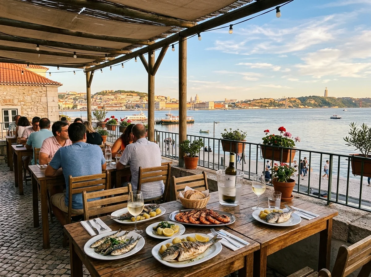 A seafood restaurant terrace on the Cacilhas riverfront looking across the Tagus to Lisbon