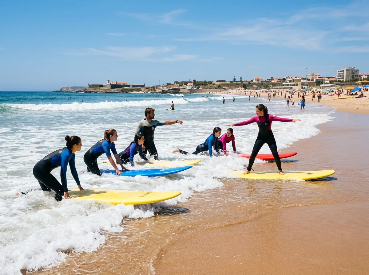 A beginner surf lesson in the whitewater at Carcavelos, where our surf lesson runs
