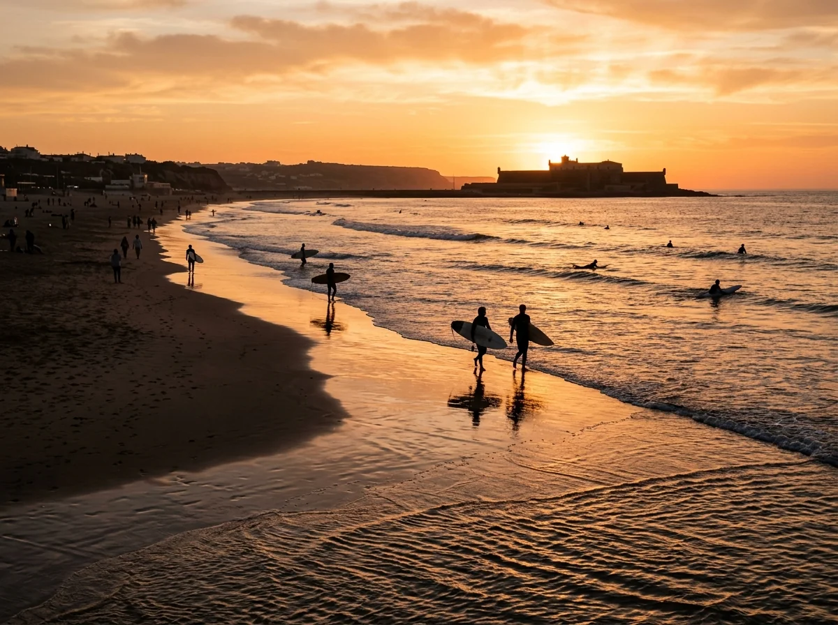 Surfers at sunset on Praia de Carcavelos near Lisbon