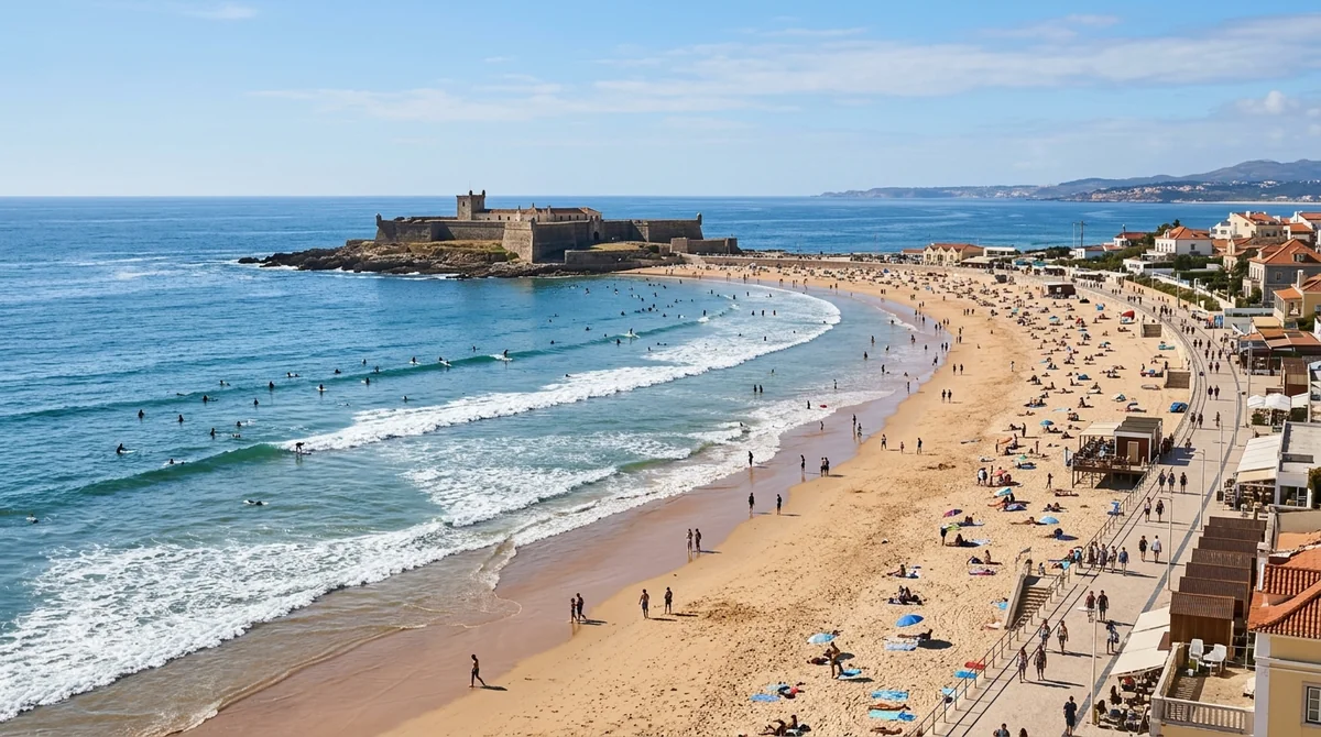 Surfers along Praia de Carcavelos near Lisbon with the Sao Juliao da Barra fort