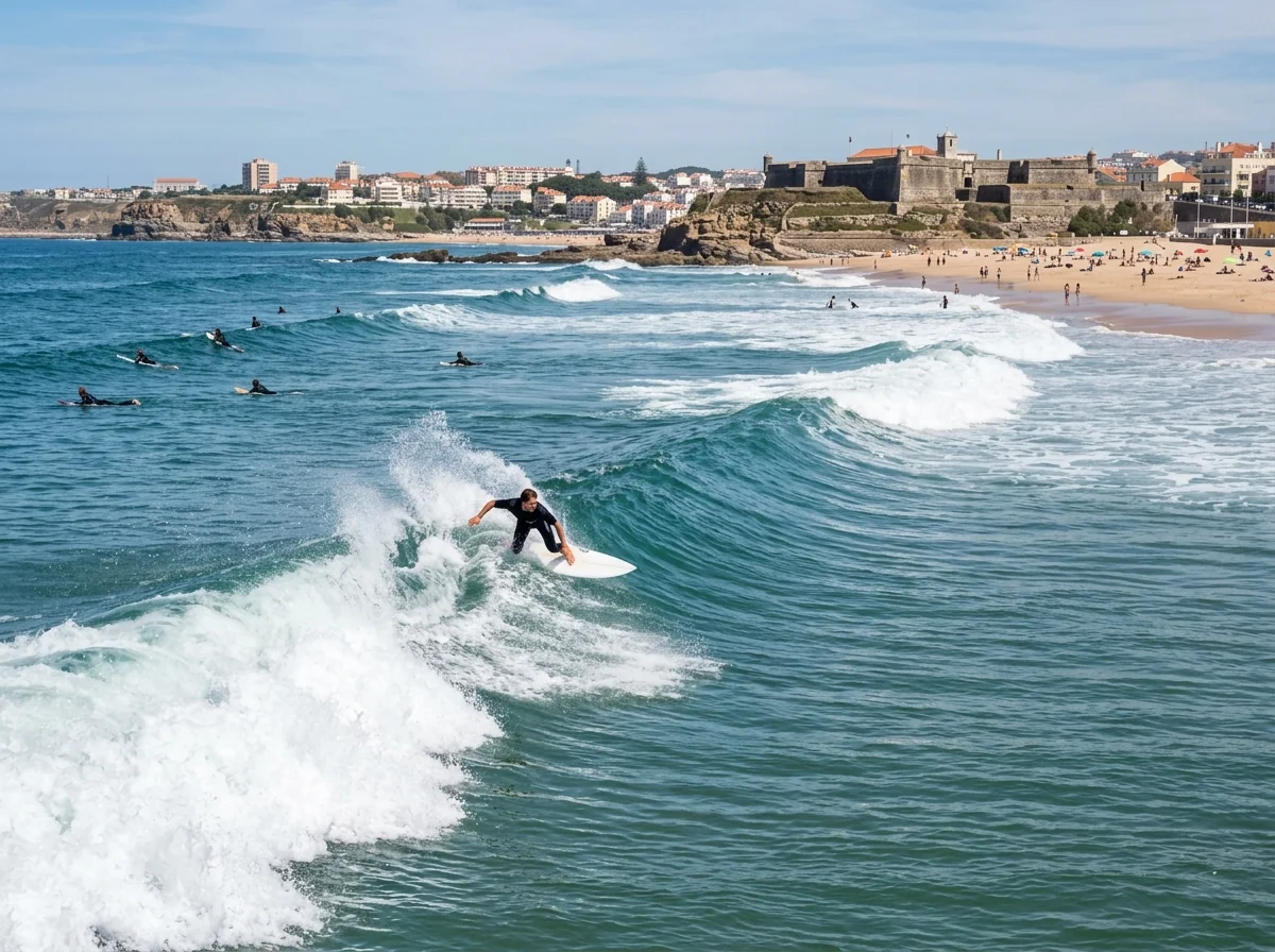 A surfer riding a clean beach-break wave at Carcavelos near Lisbon