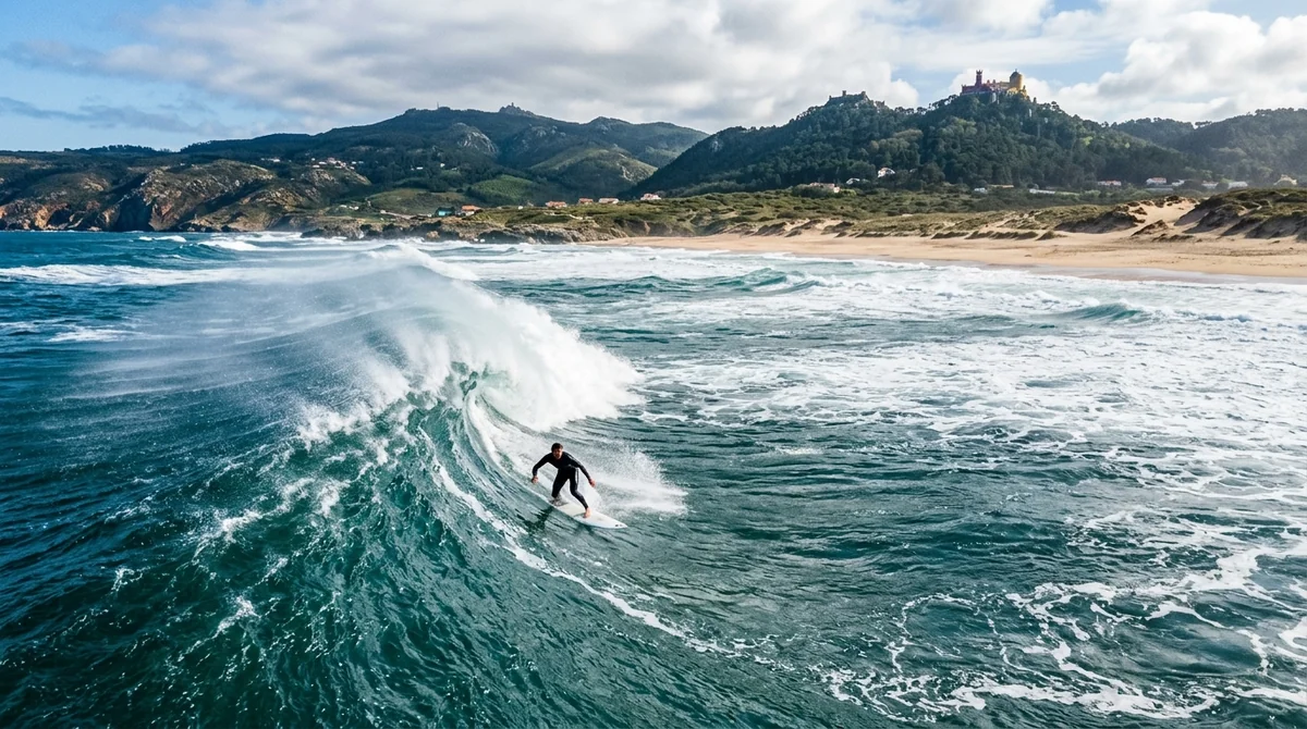 A surfer riding a powerful wave at Praia do Guincho near Cascais