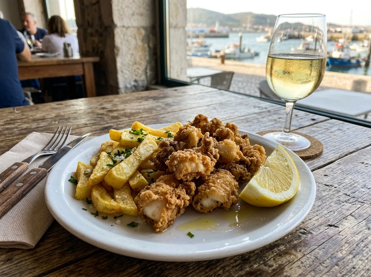A plate of choco frito, the fried cuttlefish dish of Setubal, with chips and lemon