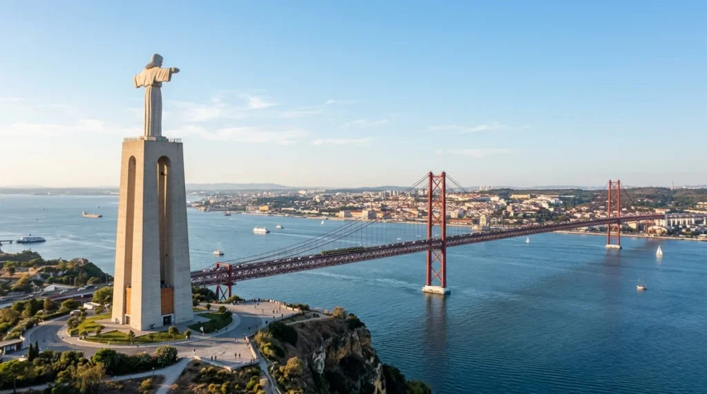 The Cristo Rei statue in Almada above the Tagus with the 25 de Abril Bridge and Lisbon behind