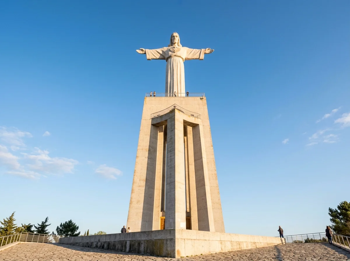 The Cristo Rei statue and pedestal viewing platform seen from below in Almada