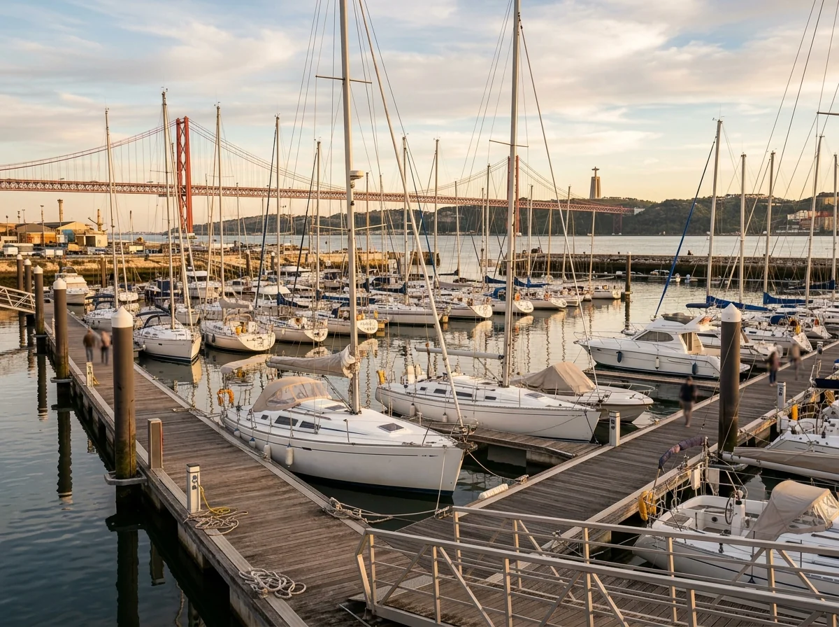 Doca de Alcantara marina in Lisbon with the 25 de Abril Bridge behind, the sailboat tour departure point