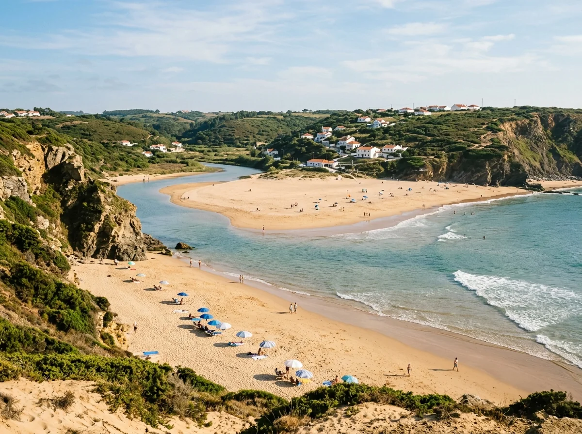 The wide sandy beach at Foz do Lizandro near Ericeira, good for families and beginners
