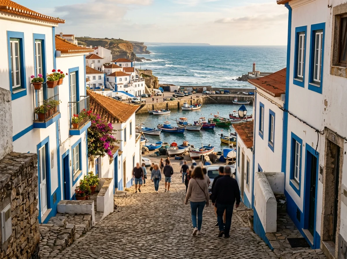 The whitewashed old town and fishing harbour of Ericeira on the Atlantic coast