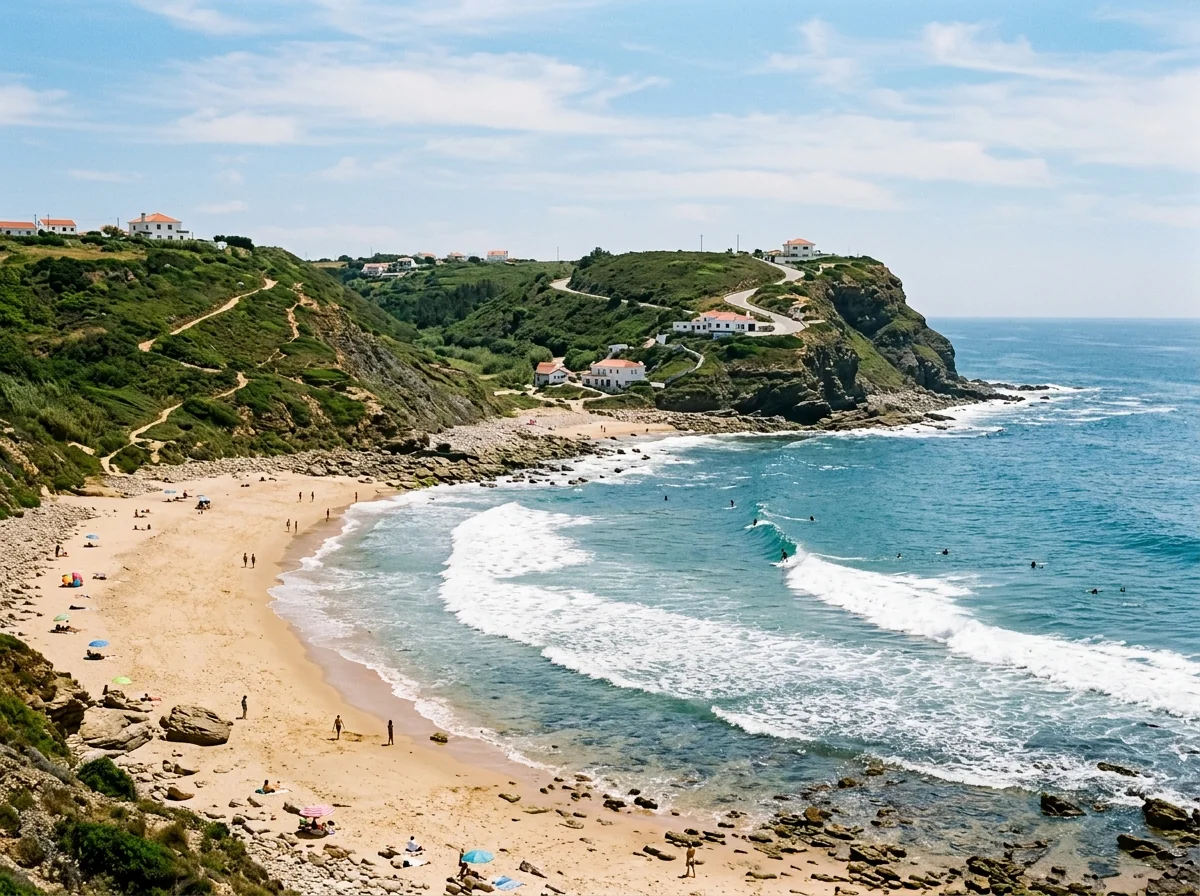 Surfers on the right-hand reef break at Ribeira d'Ilhas beach in Ericeira