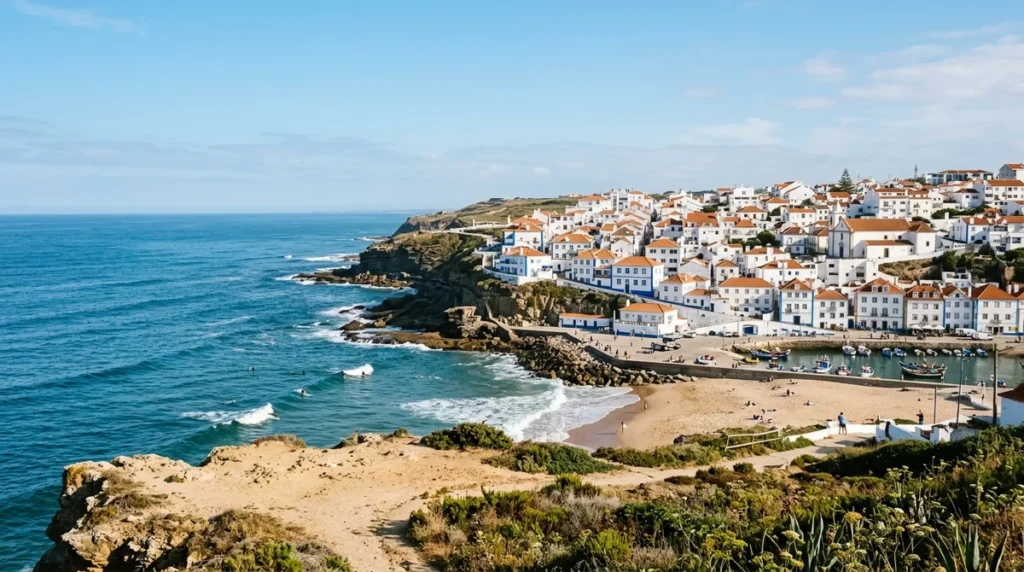 The whitewashed town of Ericeira on the cliffs above the Atlantic, a day trip from Lisbon