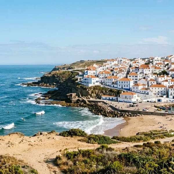 The whitewashed town of Ericeira on the cliffs above the Atlantic, a day trip from Lisbon