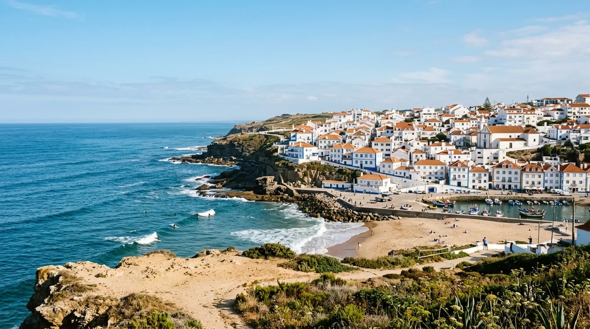 The whitewashed town of Ericeira on the cliffs above the Atlantic, a day trip from Lisbon