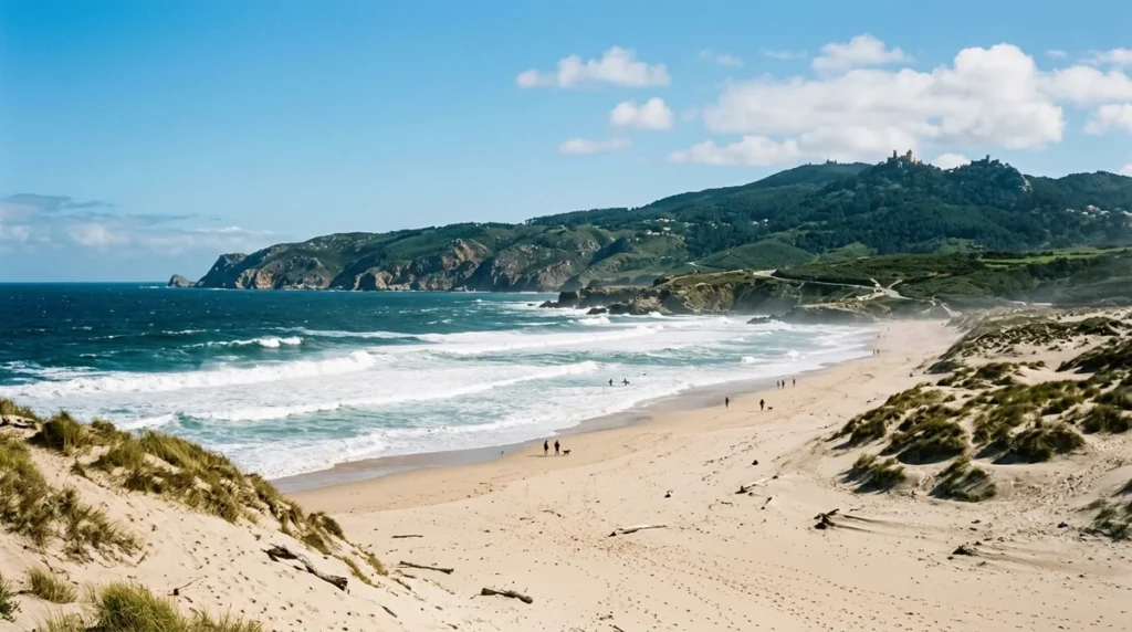 The wild Atlantic beach and dunes of Praia do Guincho with the Serra de Sintra behind