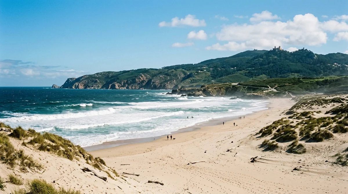 The wild Atlantic beach and dunes of Praia do Guincho with the Serra de Sintra behind