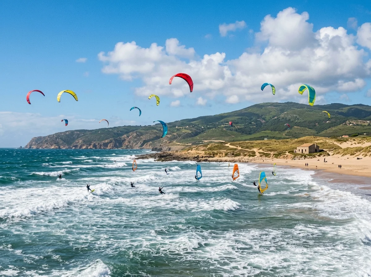 Kitesurfers and windsurfers riding the wind at Praia do Guincho near Cascais