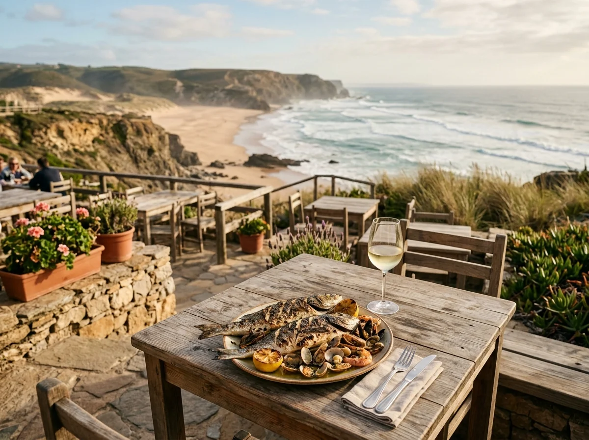 A clifftop seafood terrace overlooking the surf at Praia do Guincho