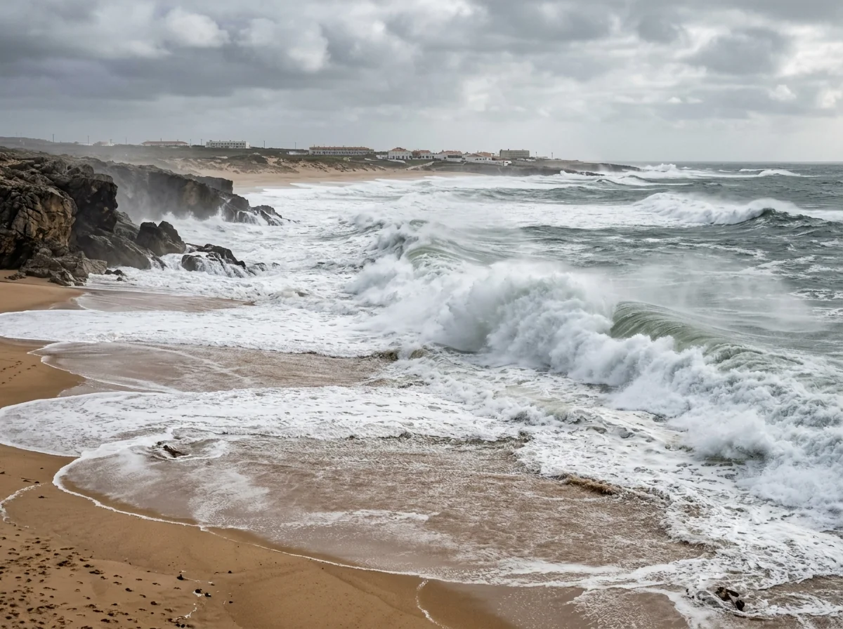 Powerful Atlantic waves and currents breaking on Praia do Guincho beach