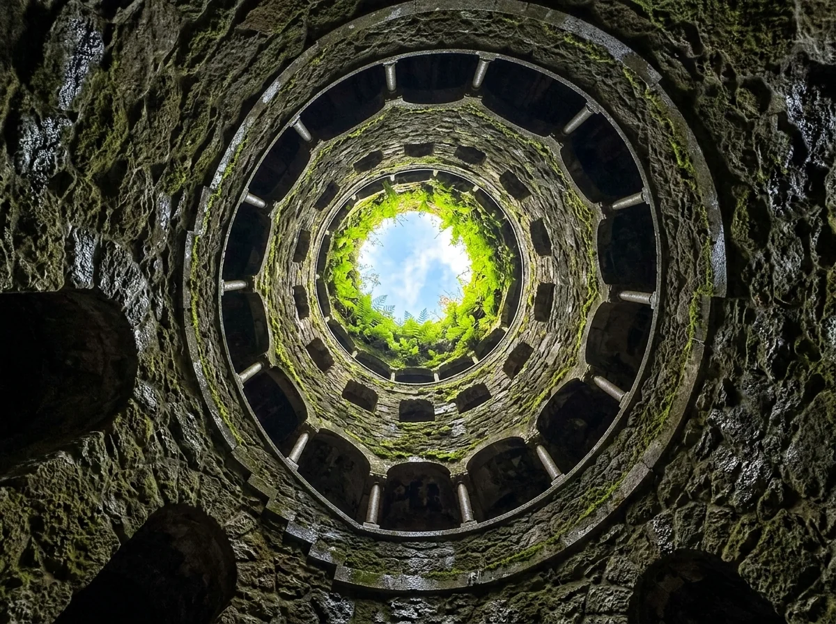 Looking up the shaft of the Initiation Well toward the circle of light, Quinta da Regaleira