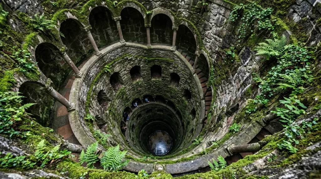 Looking down the spiral staircase of the Initiation Well at Quinta da Regaleira in Sintra