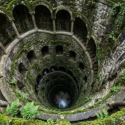Looking down the spiral staircase of the Initiation Well at Quinta da Regaleira in Sintra